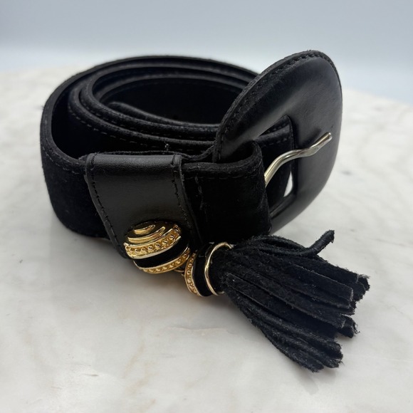 Accessories - Vintage Suede Tassel Belt Women XL Black Gold Wide Waist Cinch 80s 90s Leather